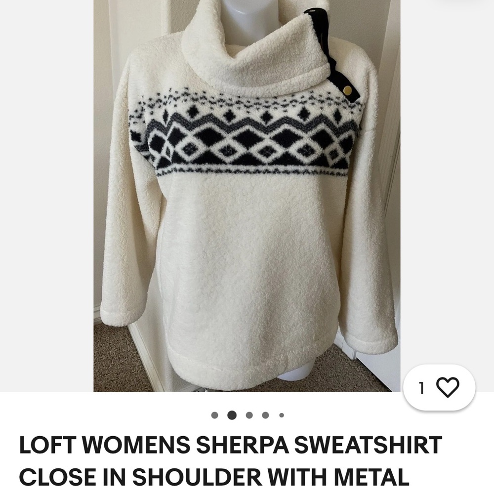 LOFT Cream Sherpa Cowl Neck Sweatshirt with Black Fair Isle Detail